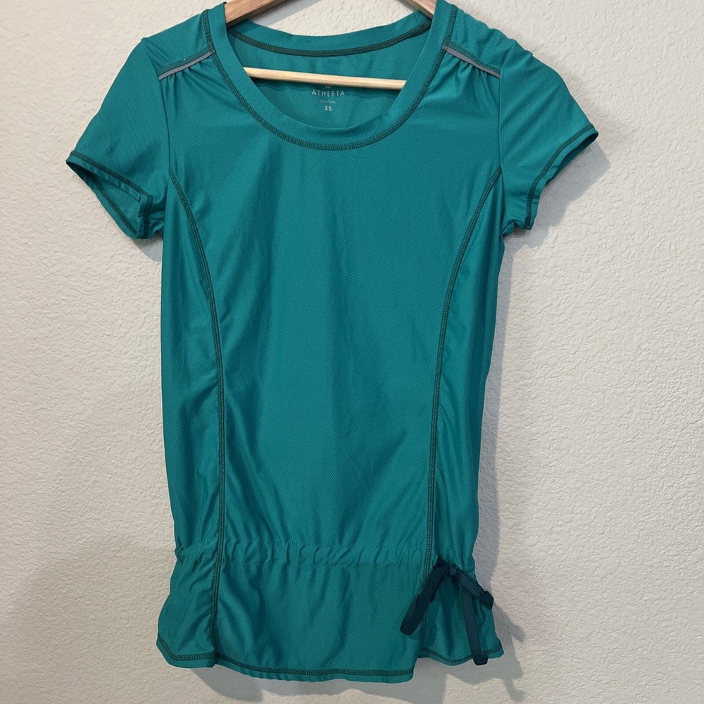 Athleta Wick it Run Tunic Workout Top X-SMALL Cinch Waist Back Pocket TEAL
